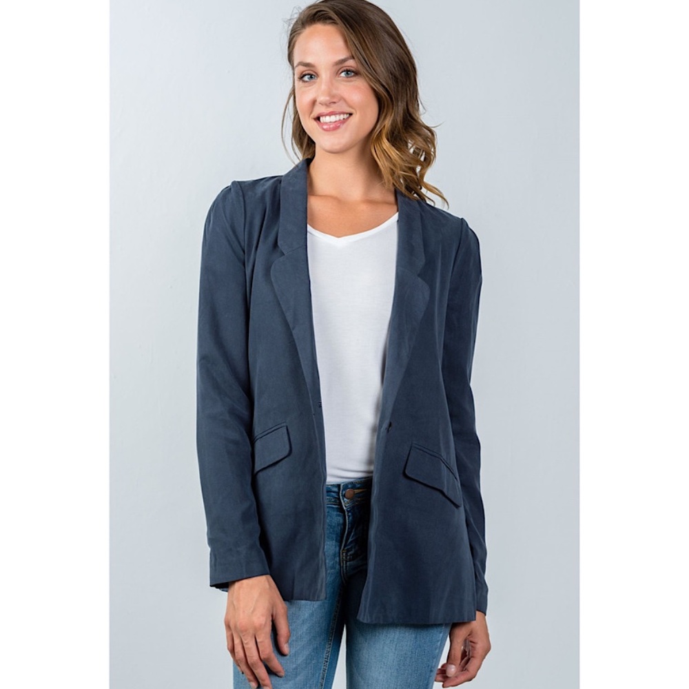 One Button Navy Blazer with Pockets - Picture 2 of 5